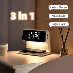 Creative 3 In 1 Bedside Lamp Wireless Charging LCD Screen Alarm Clock  Wireless Phone Charger